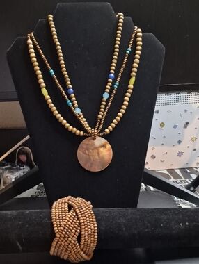 Boho Multi-Strand Brown Bead Necklace with Shell Pendant